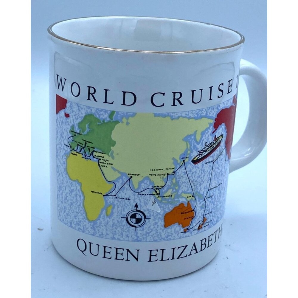 Queen Elizabeth World Cruise Map 1991 Coffee Memorable Mug /England
